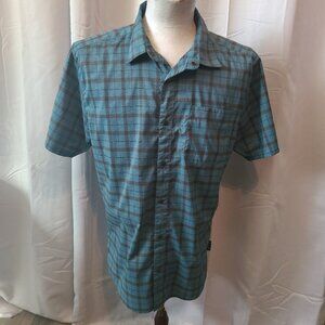 Flylow Shirt Mens Large Green Plaid Snap Front Short Sleeve Stretch 0013-1800